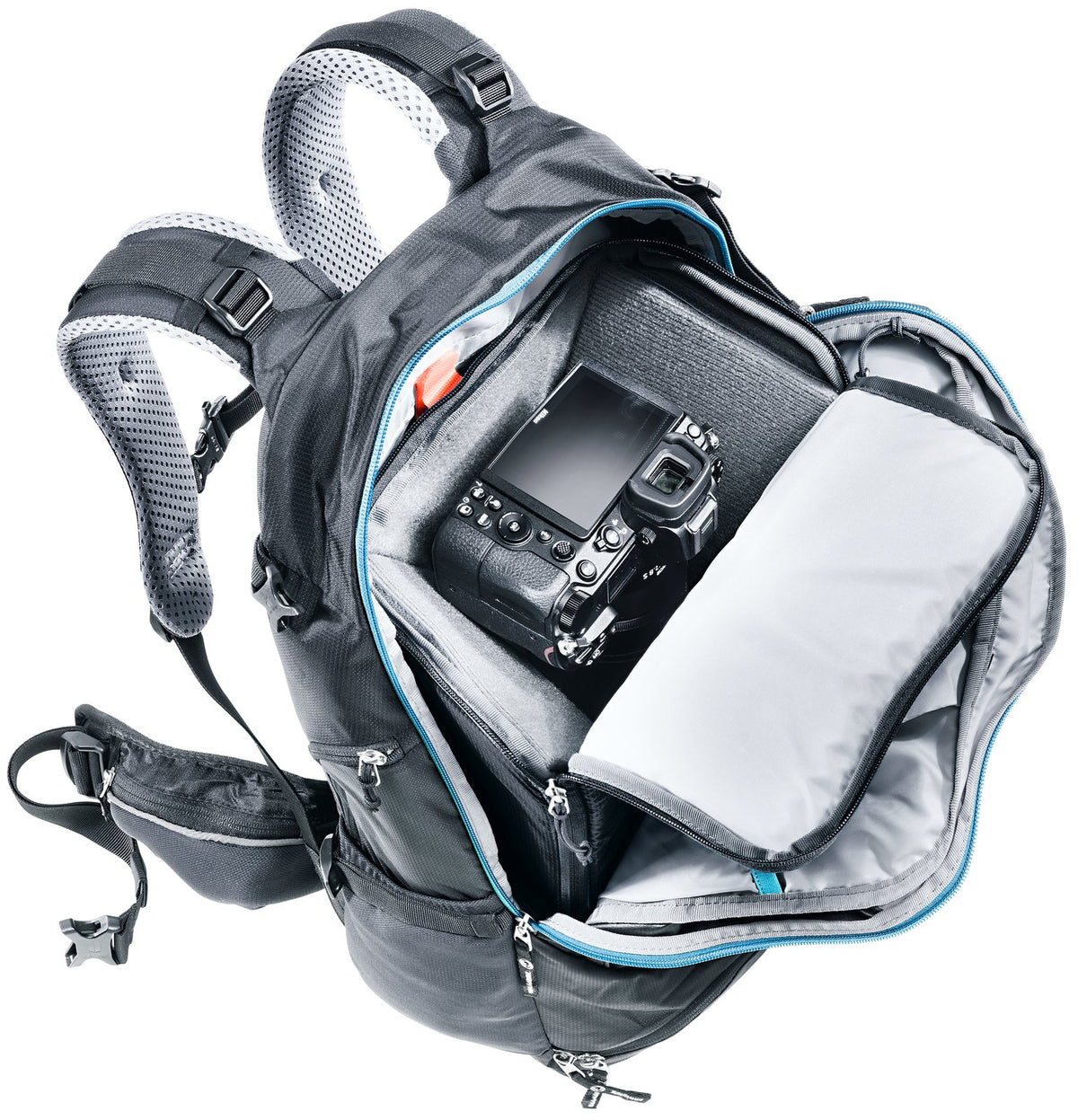 Deuter Camera Box One holding a camera inside a Deuter backpack with the front unzipped