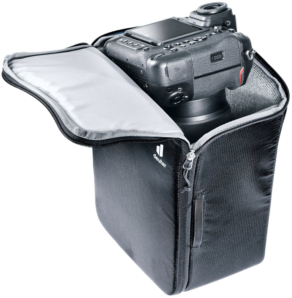 Deuter Camera Box One with lid open and a camera body sitting on top