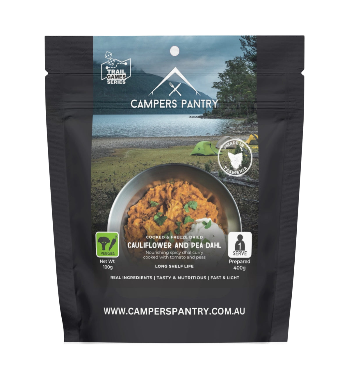 Campers Pantry Cauliflower and Pea Dahl Expedition Meal pouch, front