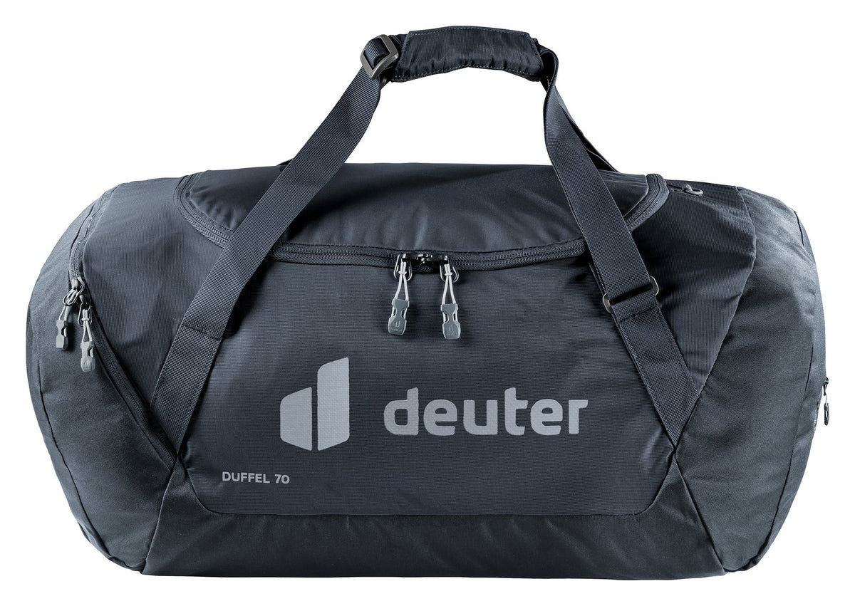 Deuter Duffel 70 in Black, front view of the arched main zip and Deuter logo