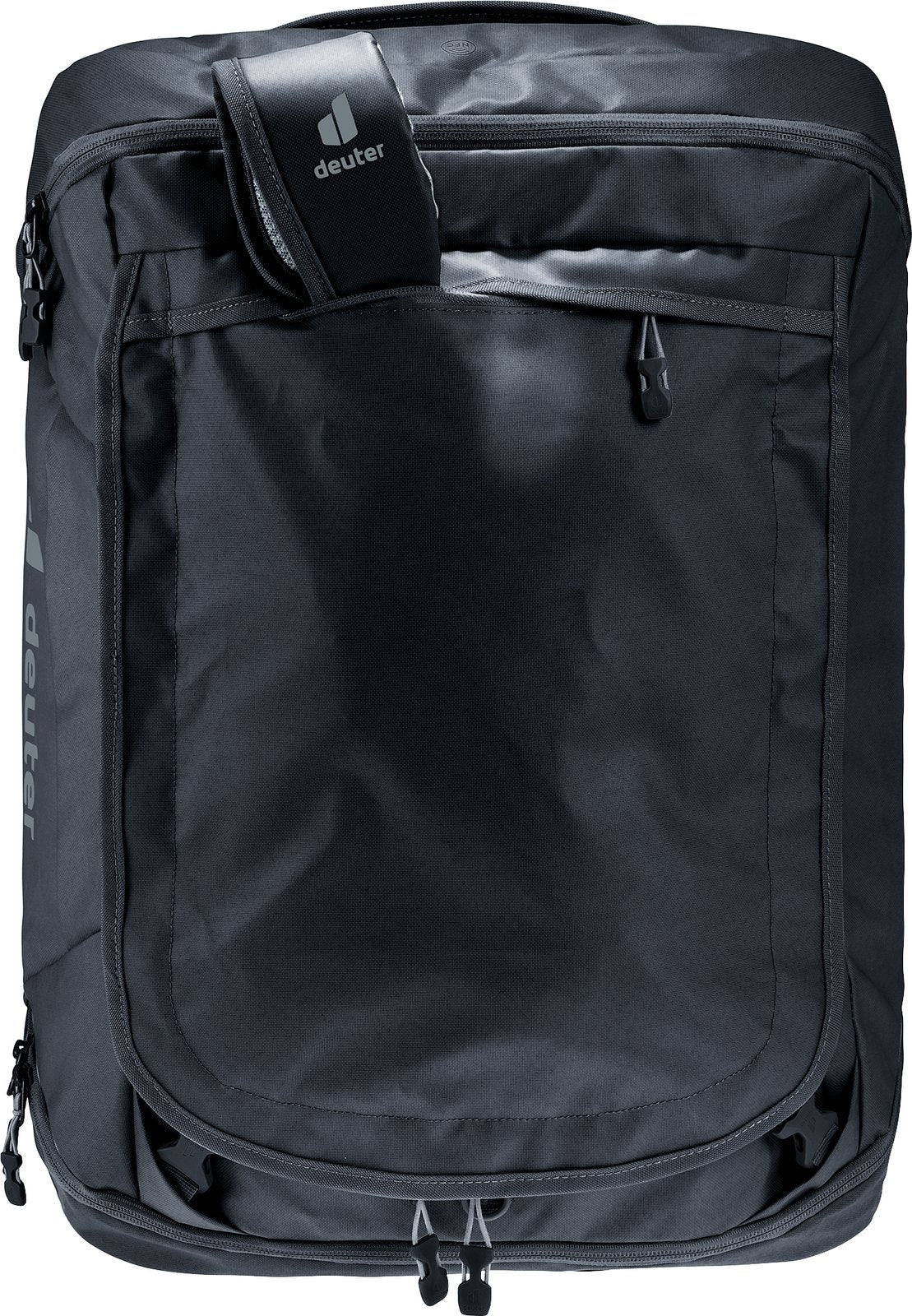 Deuter Duffel Pro 40 standing upright with the shoulder straps stowed in their pocket