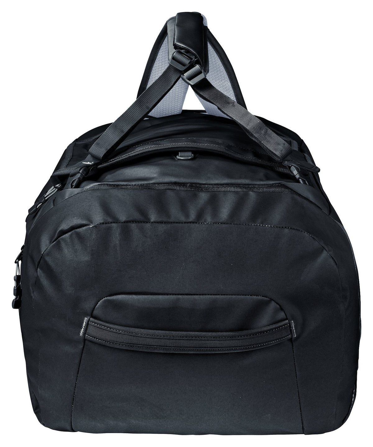 Deuter Duffel Pro 60 in Black, end-on view with side pocket and carry straps