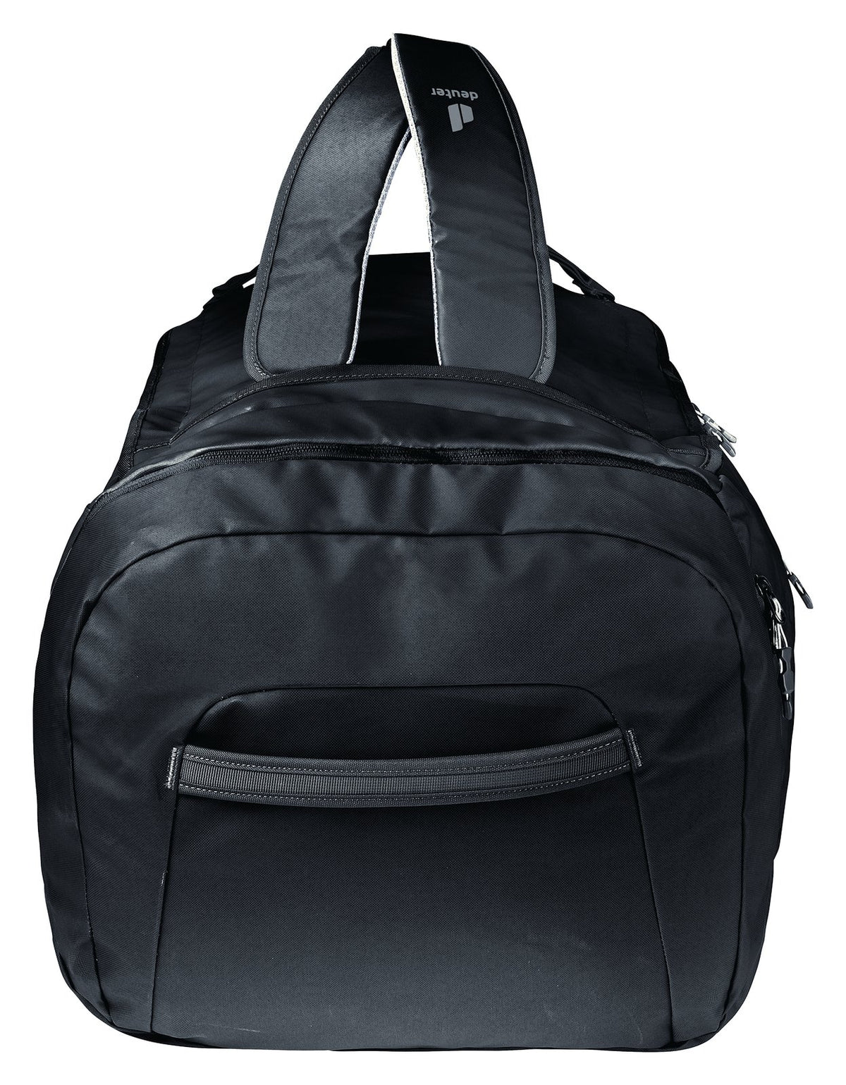 End view of the Deuter Duffel Pro 60 in Black showing the zipped side pocket and grab handle