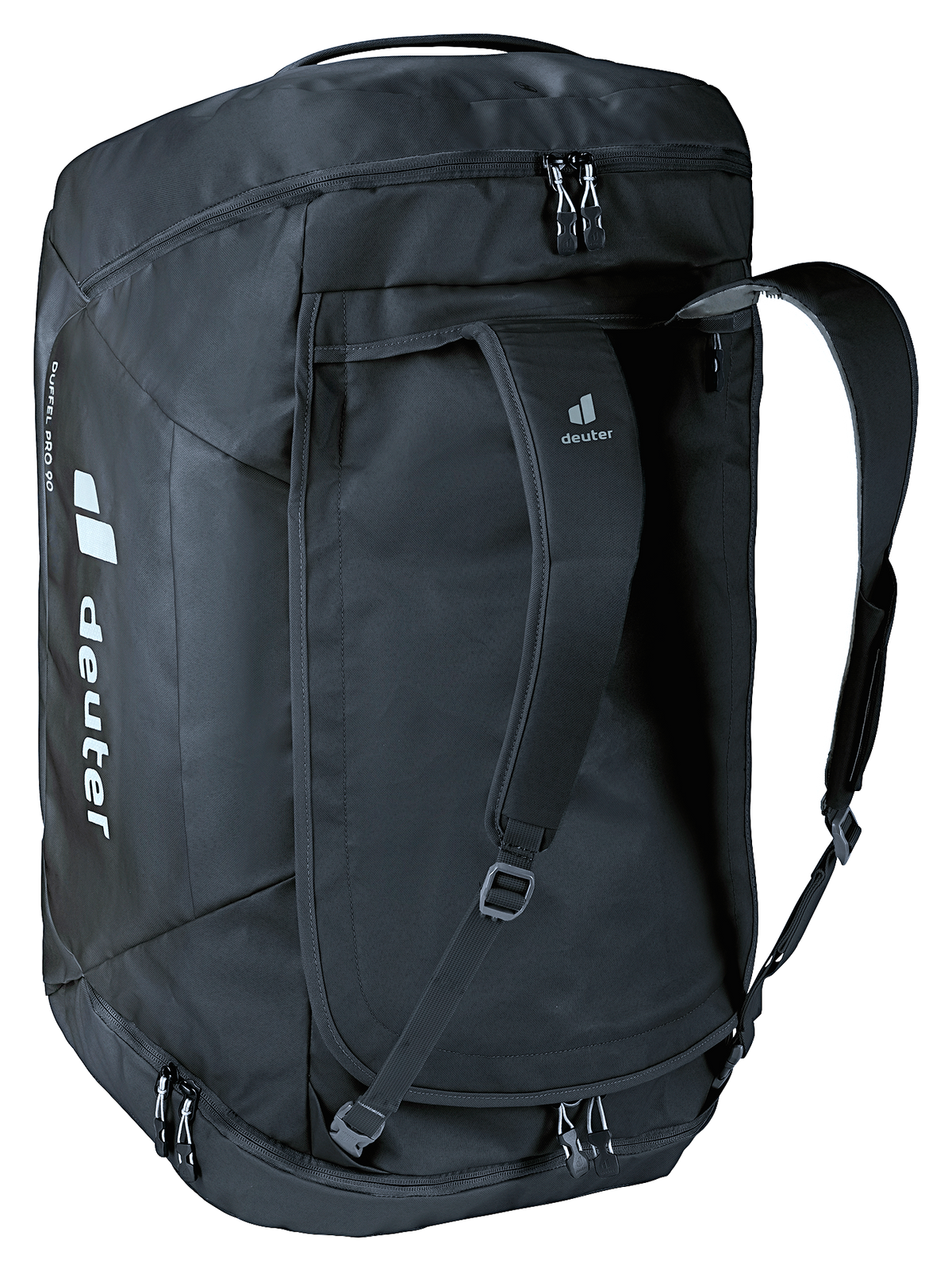 Deuter Duffel Pro 90 standing on end with shoulder straps out for backpack carry