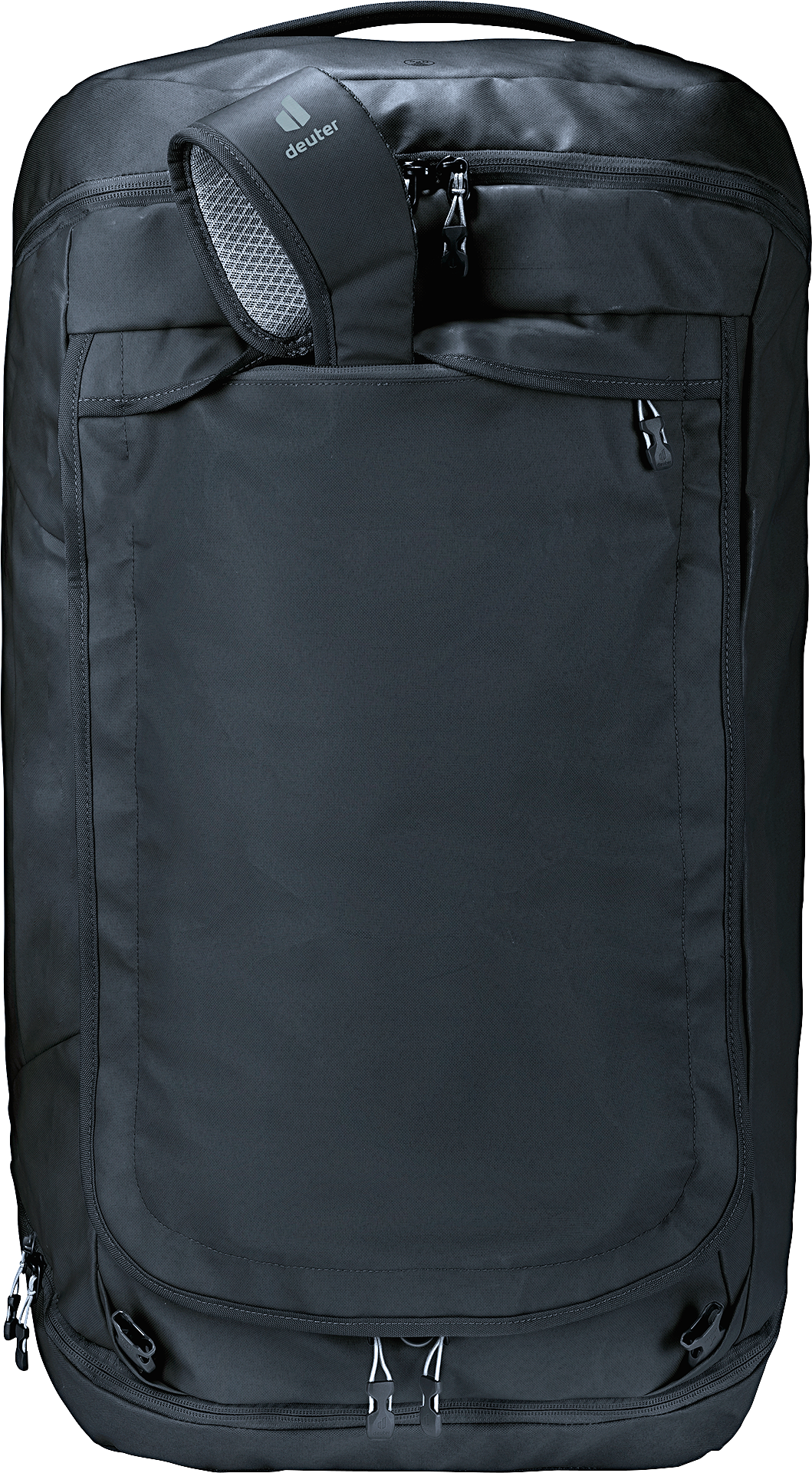 Deuter Duffel Pro 90 on end with shoulder straps stowed in their zipped pocket