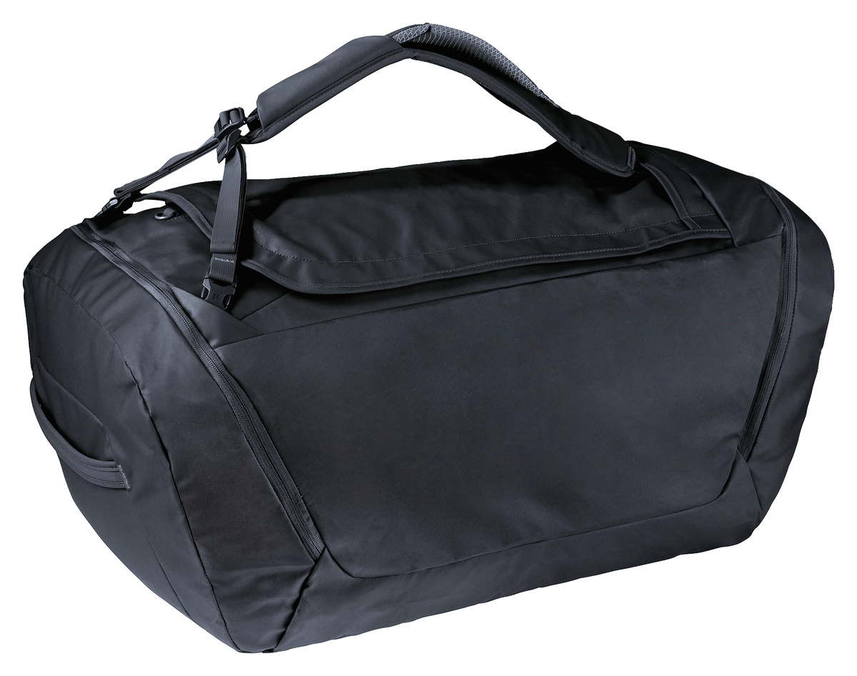 Deuter Duffel Pro 90 in Black, back view of the flat panel and grab handles