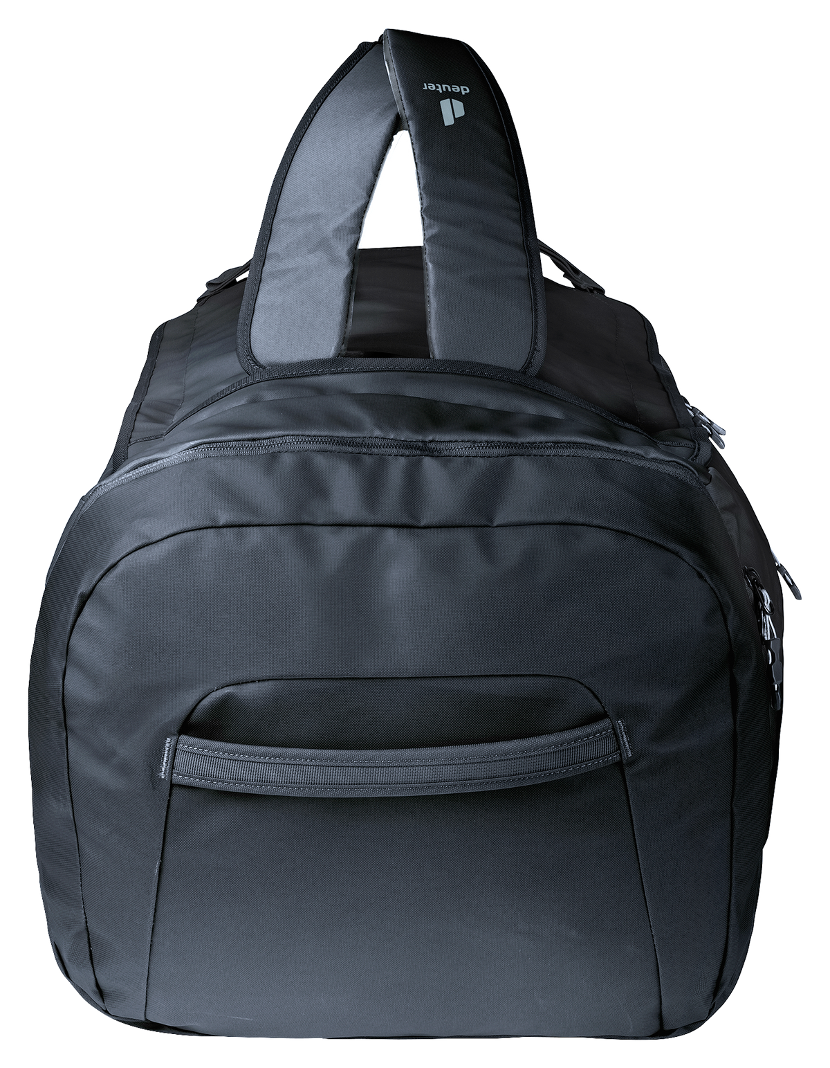 End view of the Deuter Duffel Pro 90 in Black showing the end pocket and handles