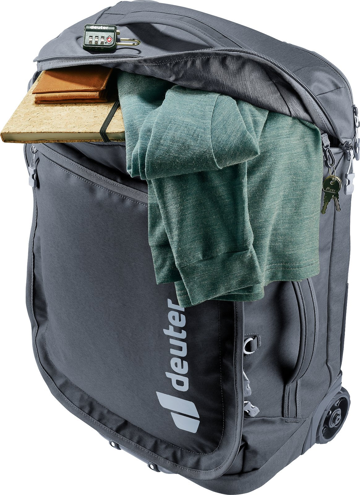 Deuter Duffel Pro Movo 36 top pocket open with a passport, notebook and jumper