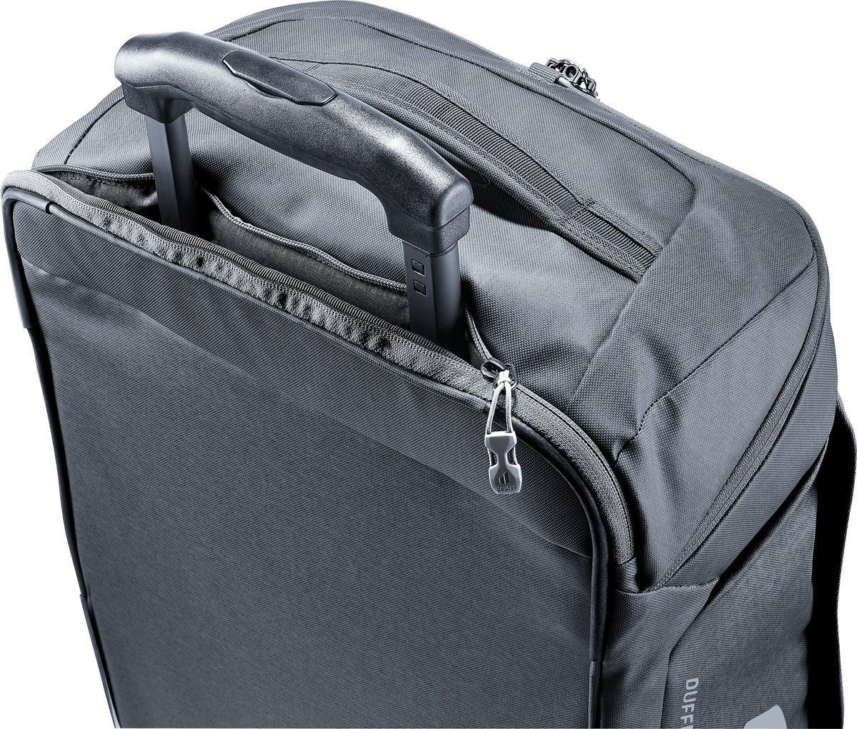 Close-up of the Deuter Duffel Pro Movo 36 top handle and zipped top pocket