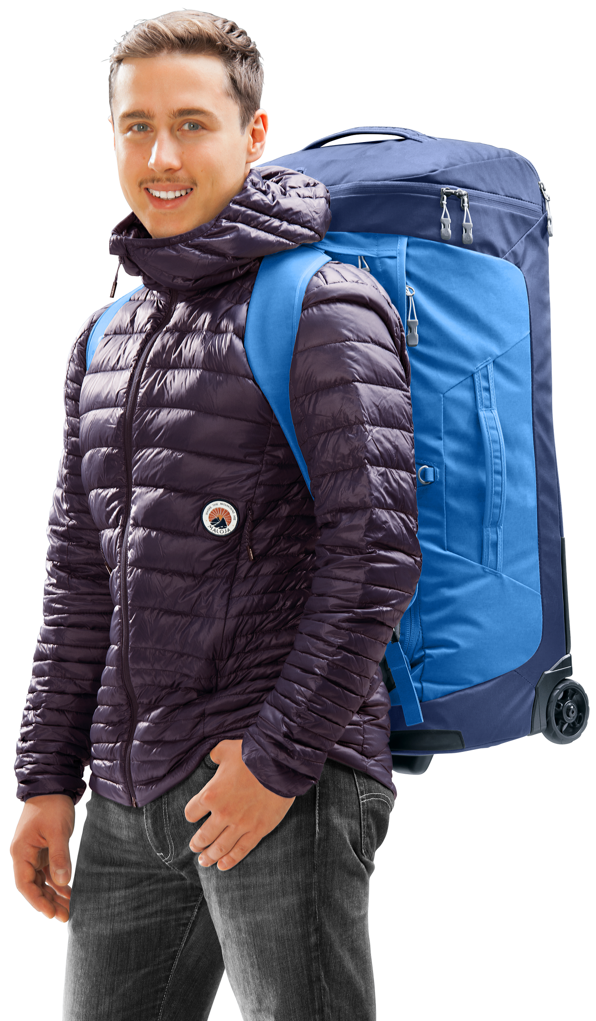 Traveller carrying the Deuter Duffel Pro Movo 60 on his back with the shoulder straps