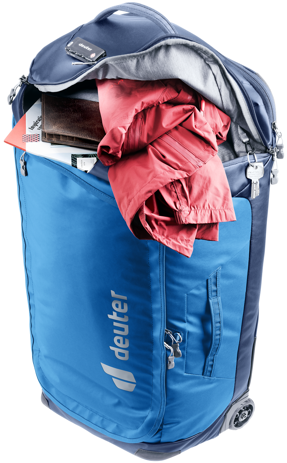 Deuter Duffel Pro Movo 60 opened through the front arch with clothes spilling out