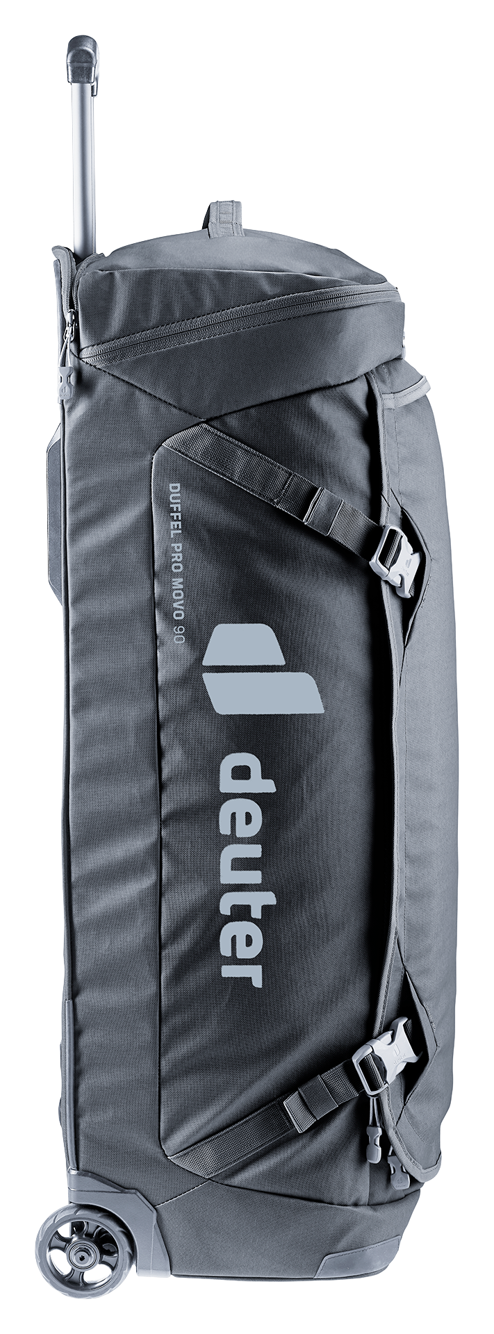 Deuter Duffel Pro Movo 90 in Black, side view with compression straps and wheel