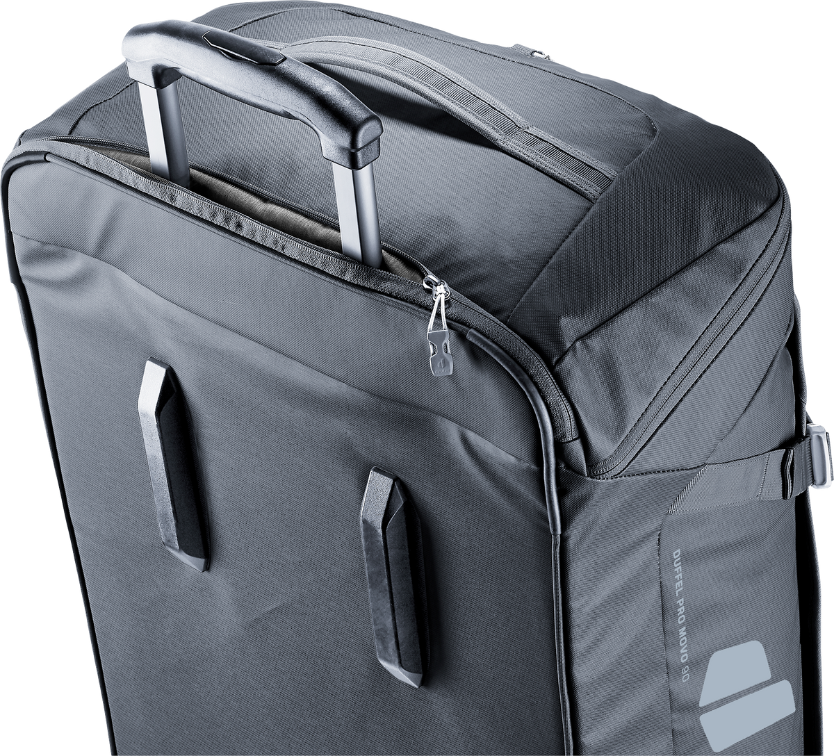 Close-up of the Deuter Duffel Pro Movo 90 back panel and extendable luggage handle