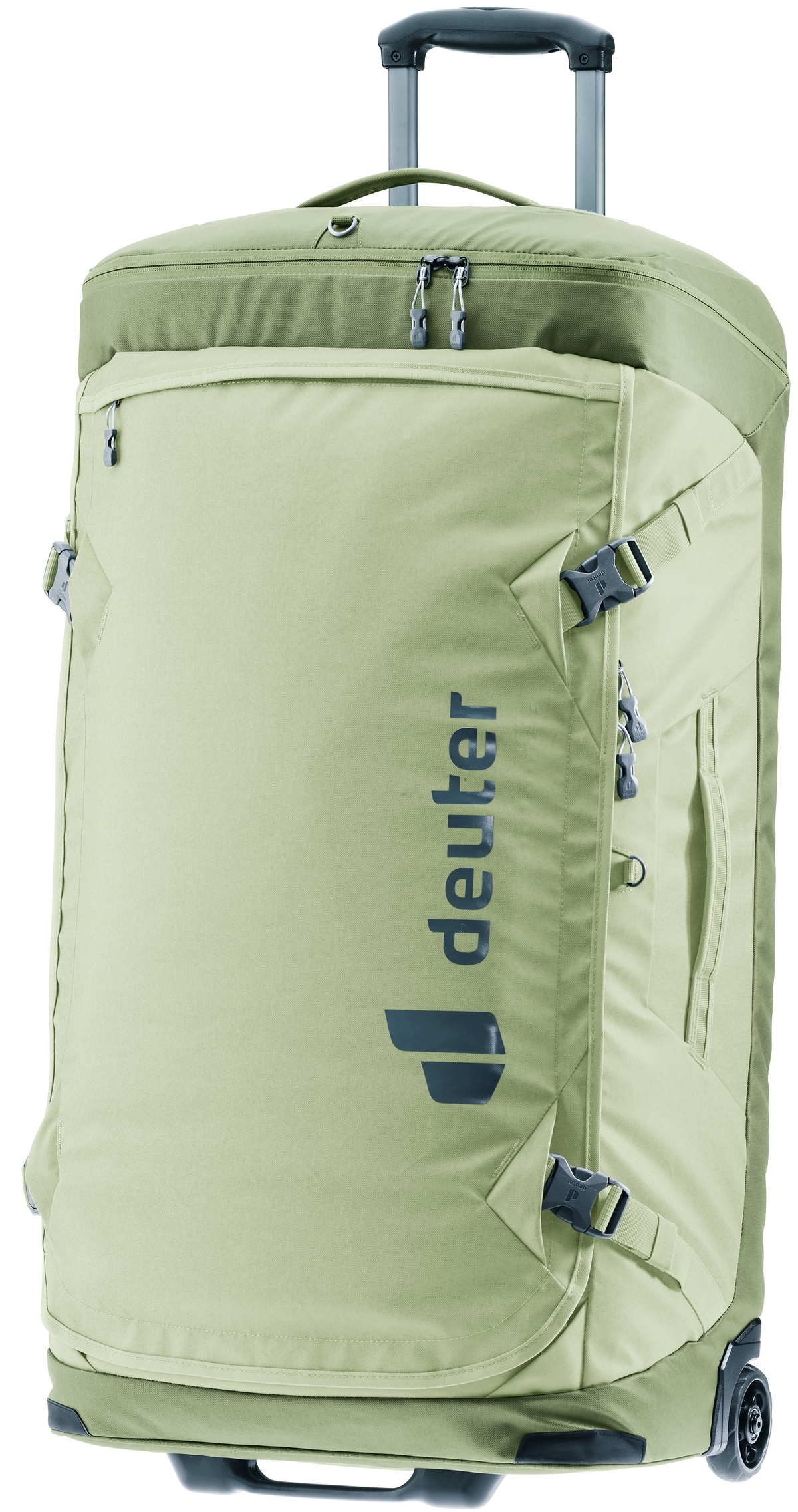 Deuter Duffel Pro Movo 90 in Mineral Grove, sage green wheeled duffel with handle extended