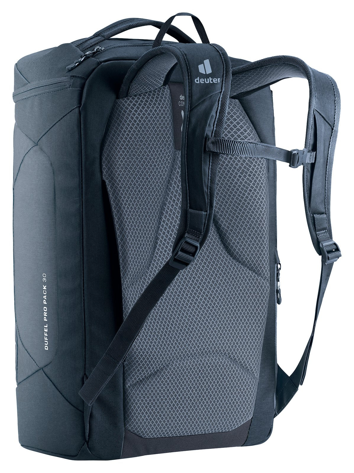 Deuter Duffel Pro Pack 30 rear three-quarter view of the harness and suitcase sleeve