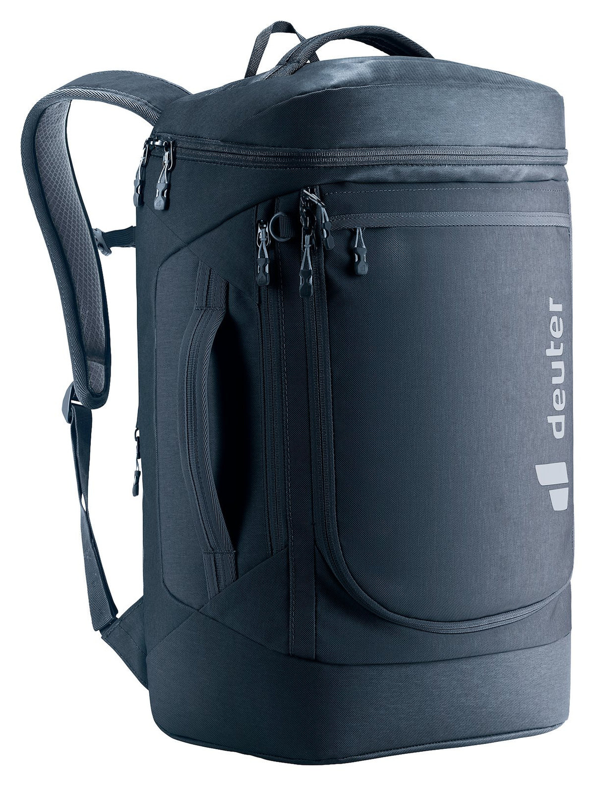 Deuter Duffel Pro Pack 30 in Black, front three-quarter view with shoulder strap