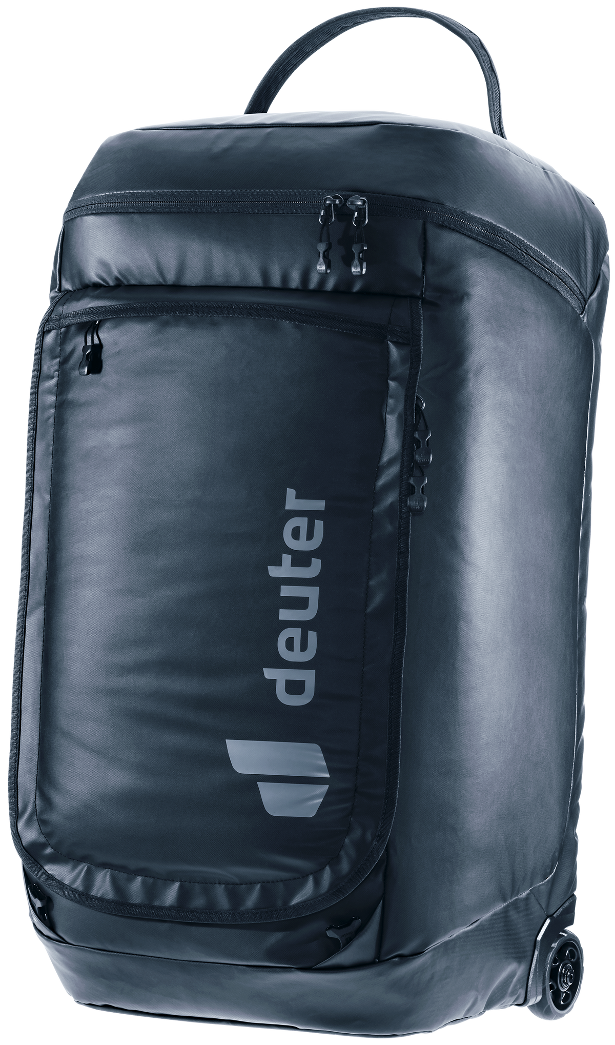Deuter Duffel Pro Roller 90 wheeled duffel in Black, standing upright, front three-quarter view