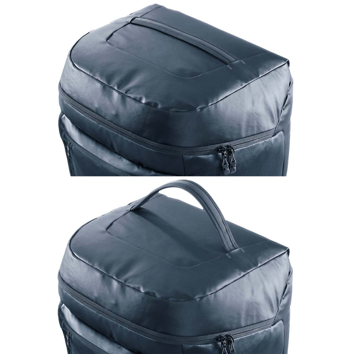 Close-up of the Deuter Duffel Pro Roller 90 extendable handle stowed and extended
