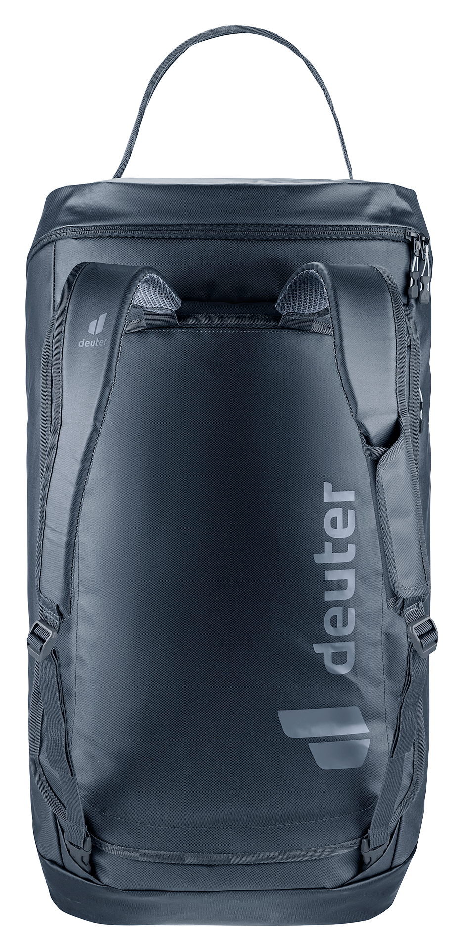 Deuter Duffel Pro Roller 90 upright with stowable shoulder straps on the back panel