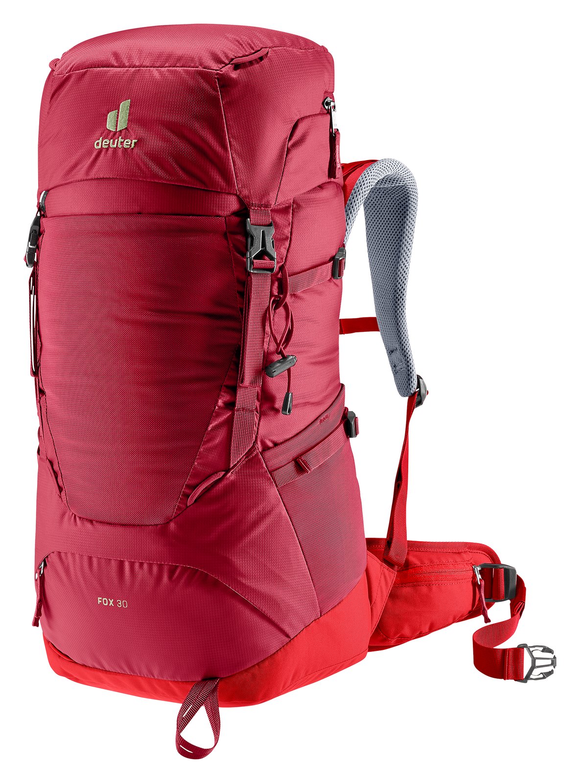 Deuter Fox 30 in Masala Cherry, red kids hiking pack, front three-quarter view