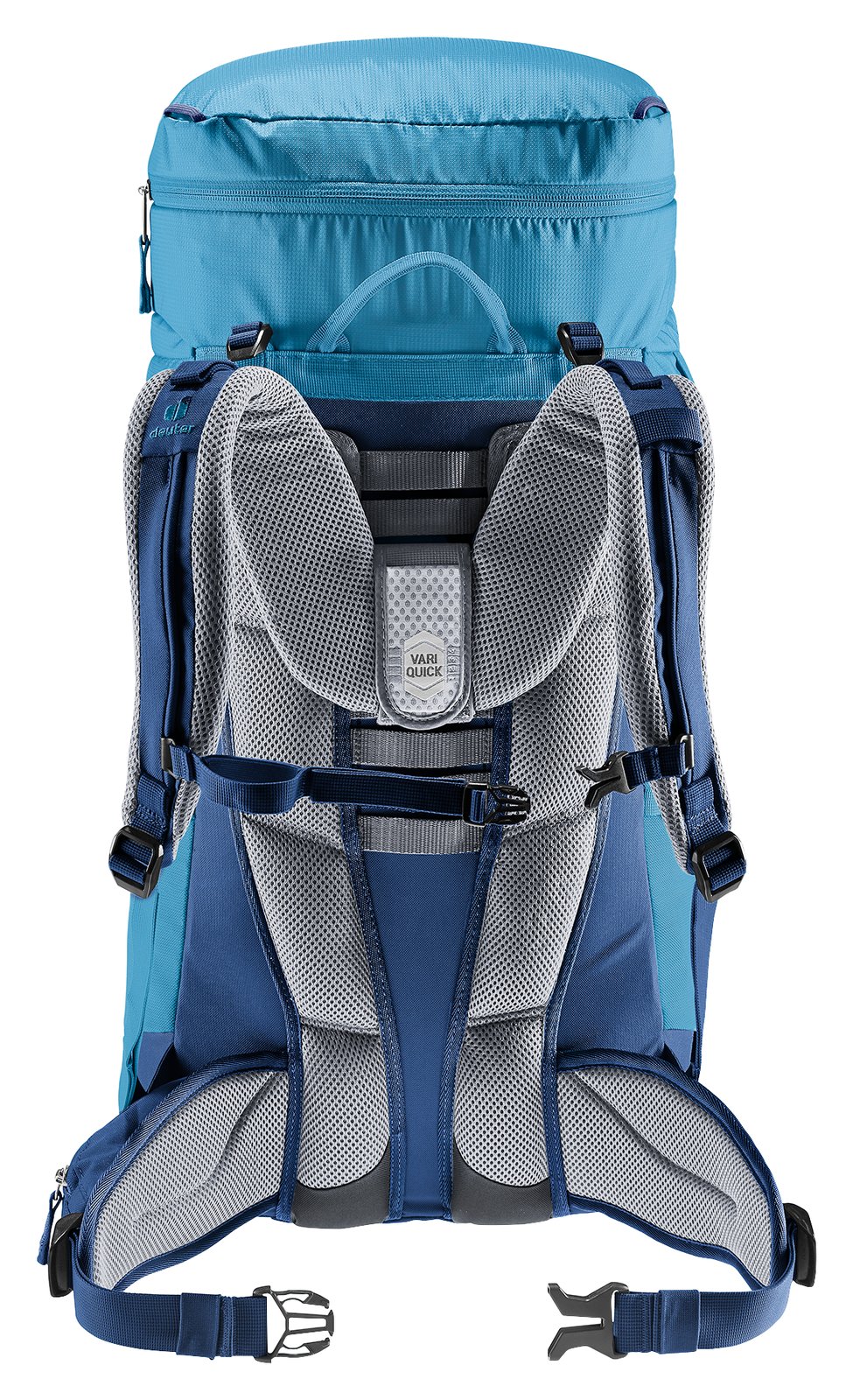 Back of the Deuter Fox 40 showing the Aircontact pads, S-shaped straps and hip fins