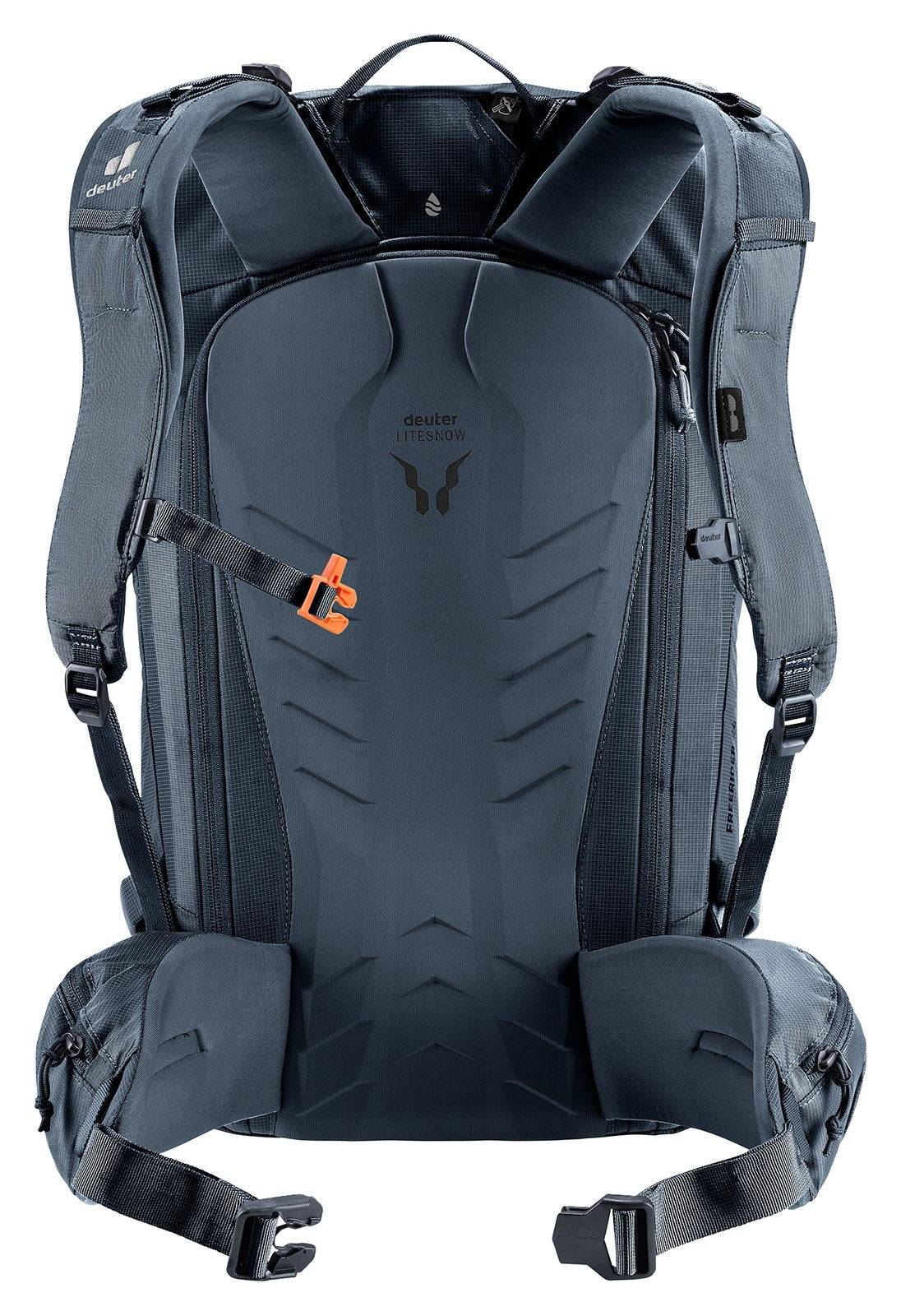 Back of the Deuter Freerider 24 showing the LiteSnow back panel and hip fins