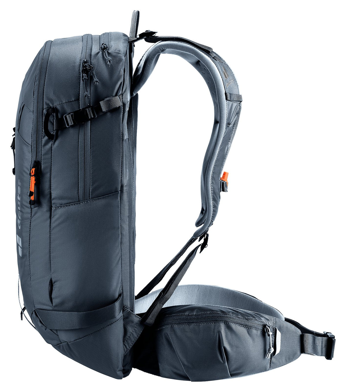 Deuter Freerider 24 side view showing the zip of the rear clamshell opening
