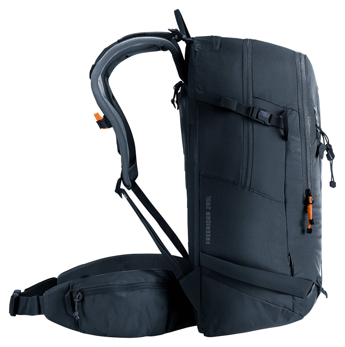 Side profile of the Deuter Freerider 28 SL showing the slim body and padded hip fin
