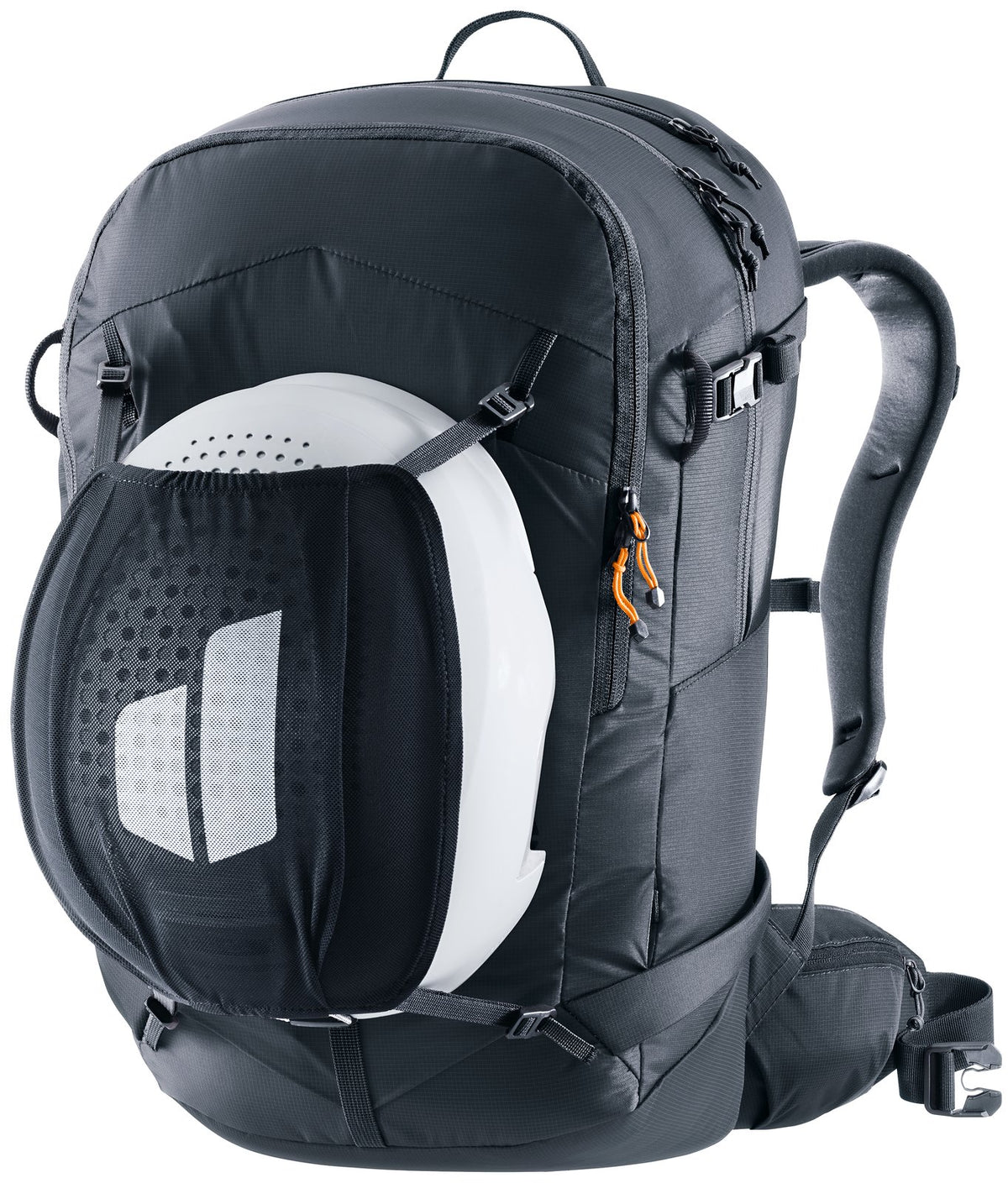Deuter Freerider 28 SL carrying a ski helmet in the detachable mesh helmet holder