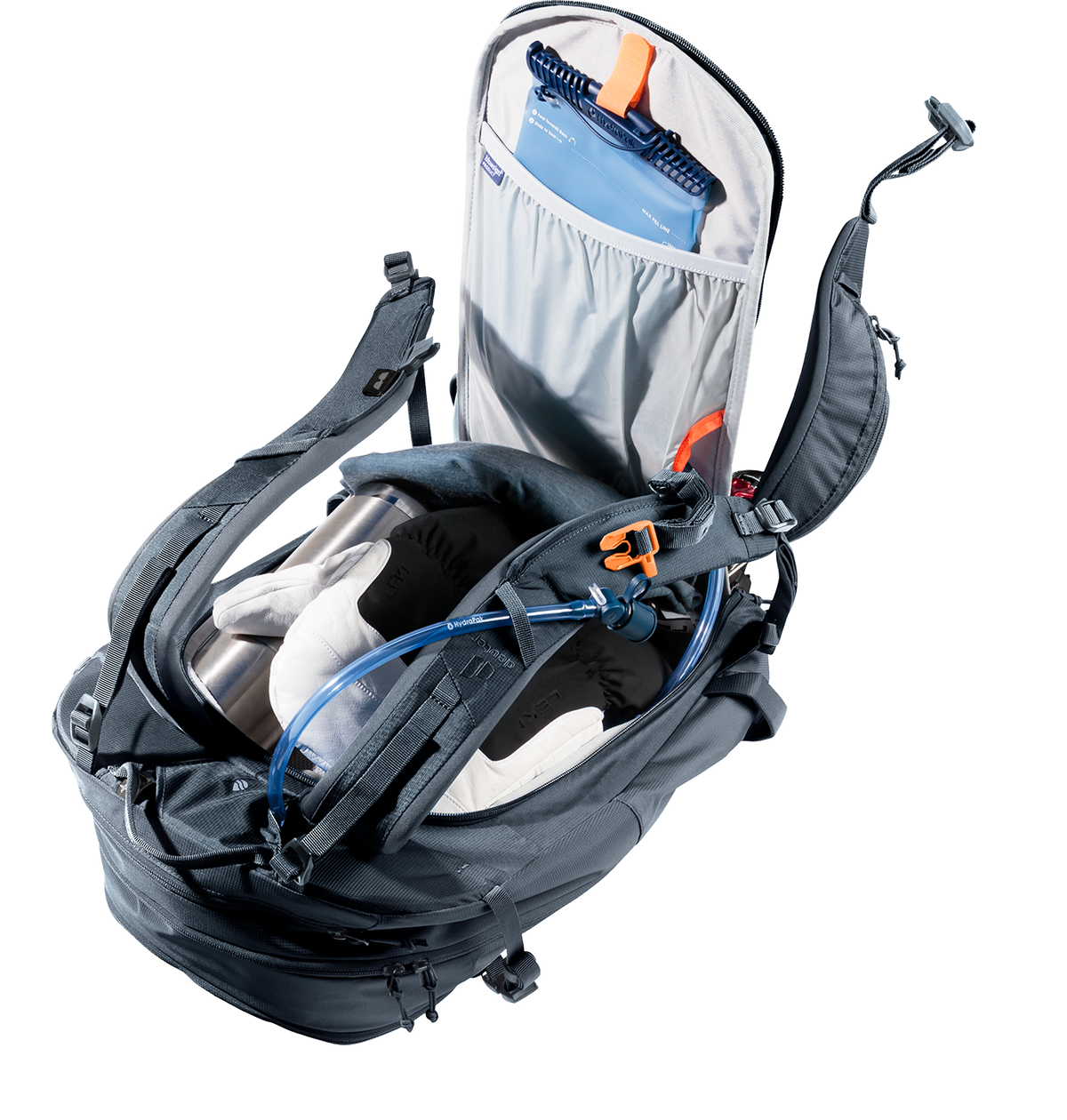 Deuter Freerider 30 opened through the back panel, showing a hydration bladder and packed layers