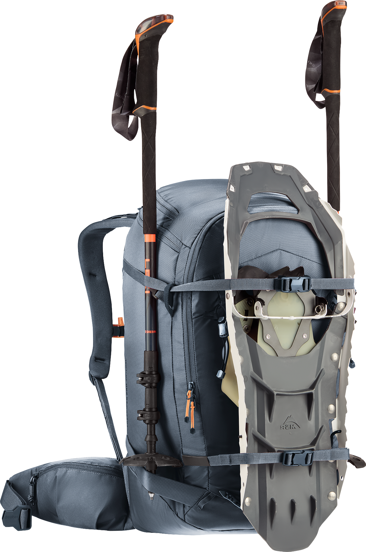 Deuter Freerider Pro 30+10 SL carrying snowshoes on the front and poles at the sides