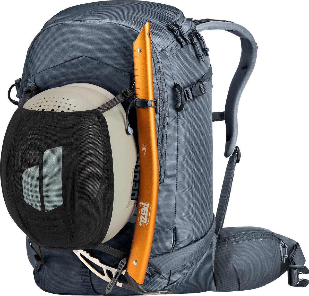 Deuter Freerider Pro 30+10 SL with a helmet in the mesh helmet holder and an ice axe attached