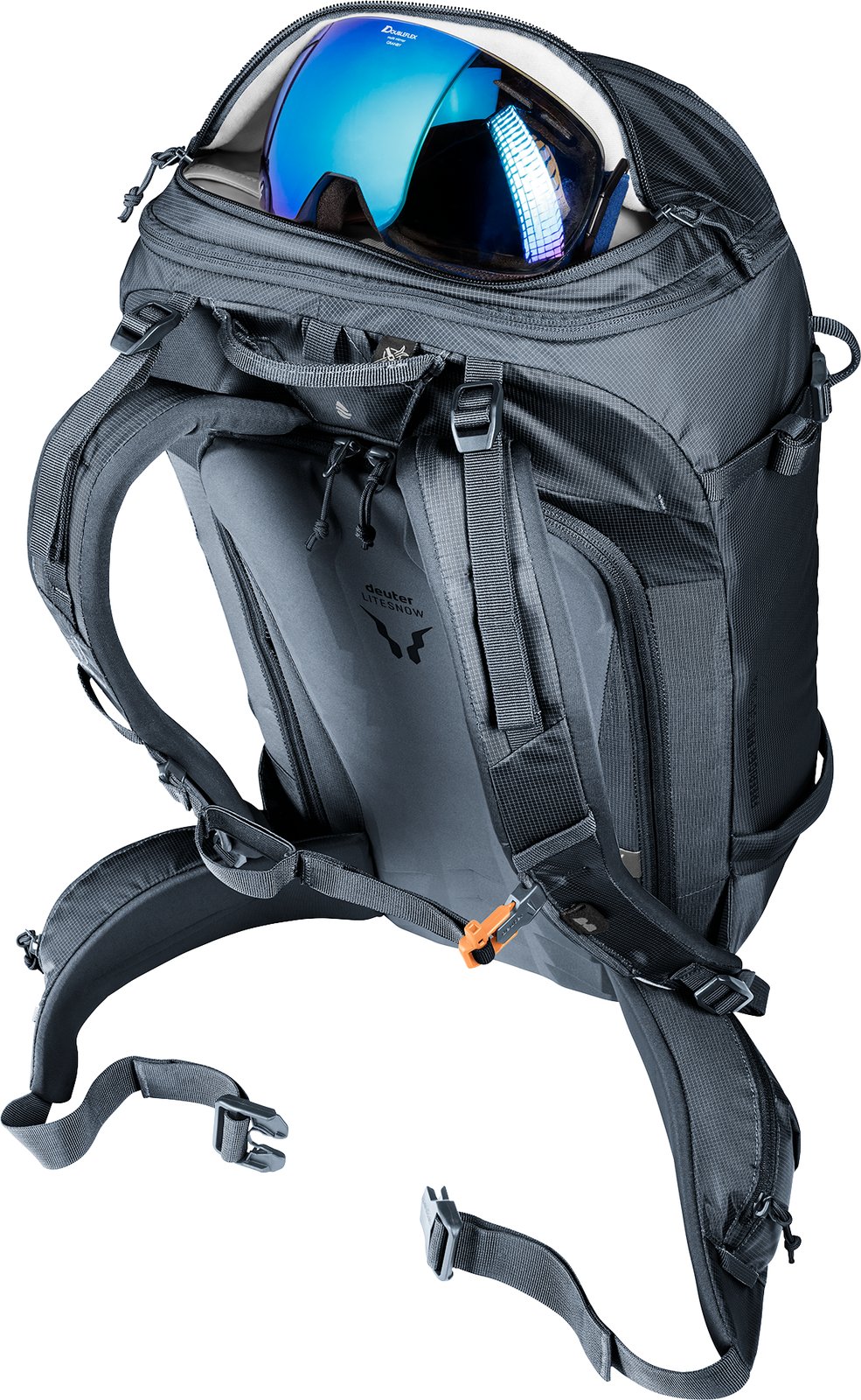 Deuter Freerider Pro 30+10 SL, ski goggles in the fleece-lined goggles pocket at the top