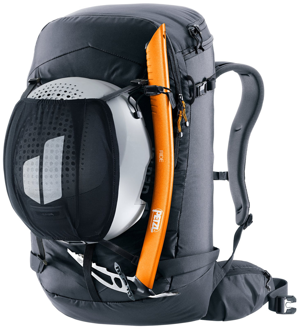 Deuter Freerider Pro 32+10 carrying a helmet in the mesh holder and an ice axe