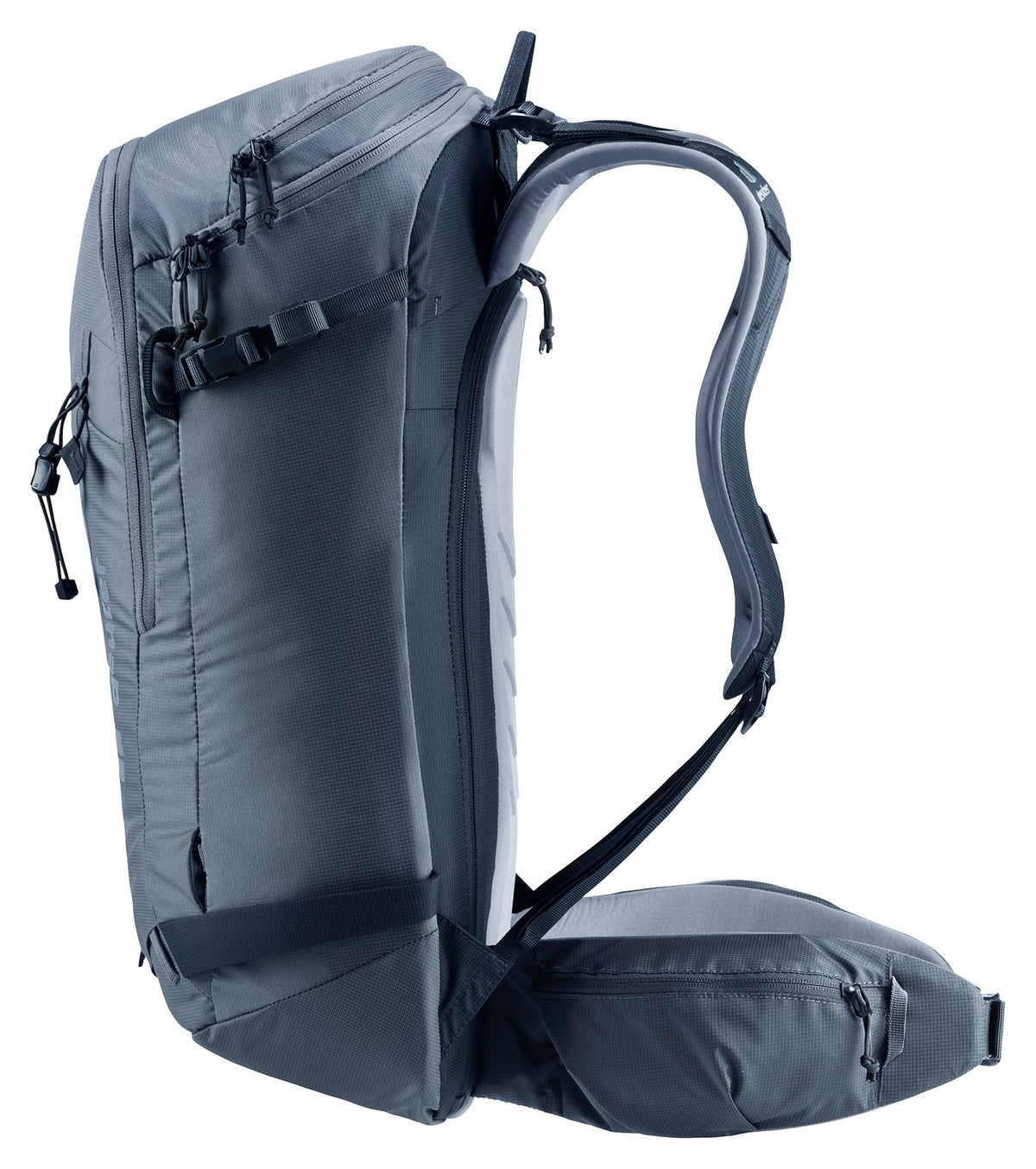 Deuter Freerider Pro 32+10 side view showing the slim profile and hip fin