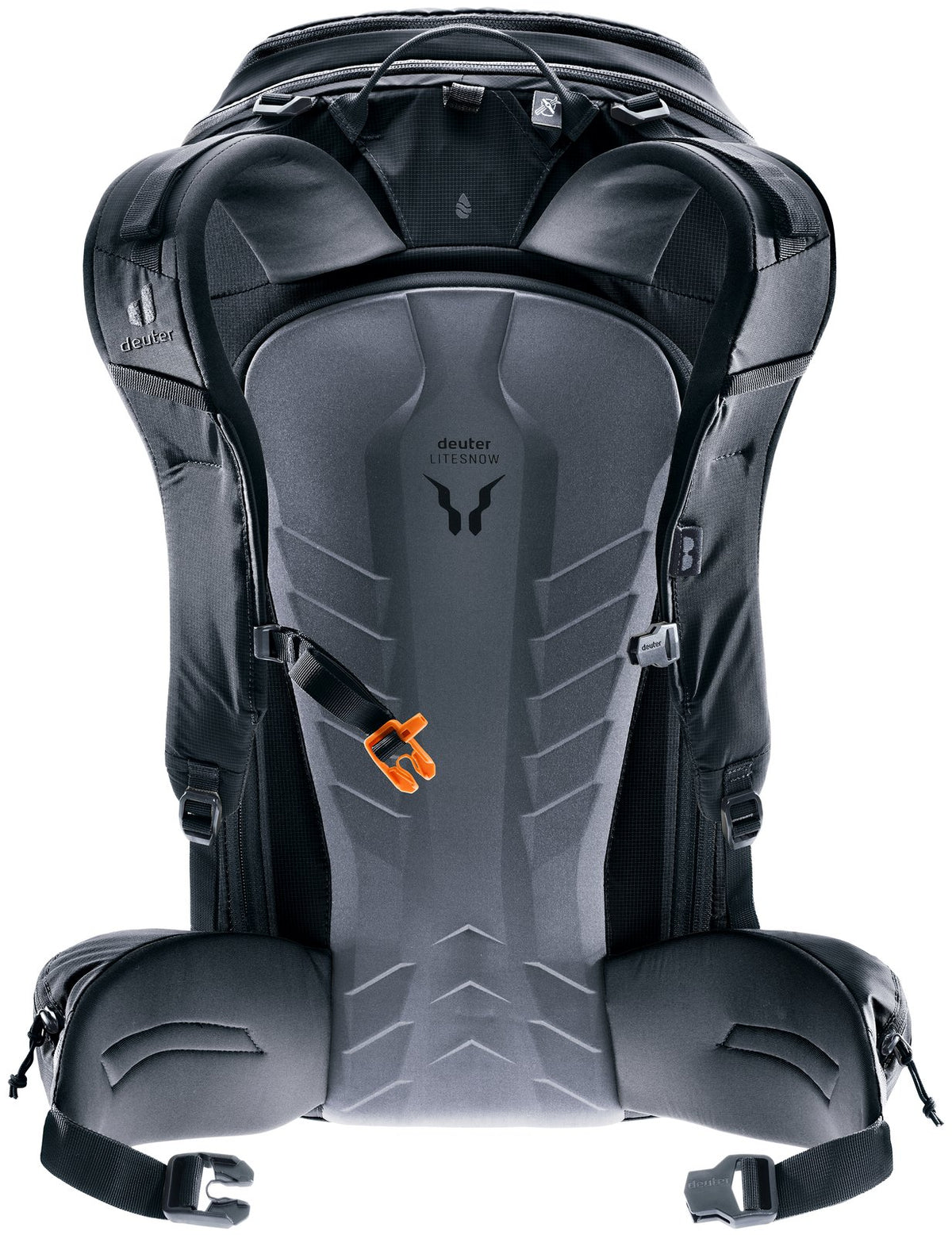 Back of the Deuter Freerider Pro 32+10 showing the LiteSnow foam back and padded hip fins