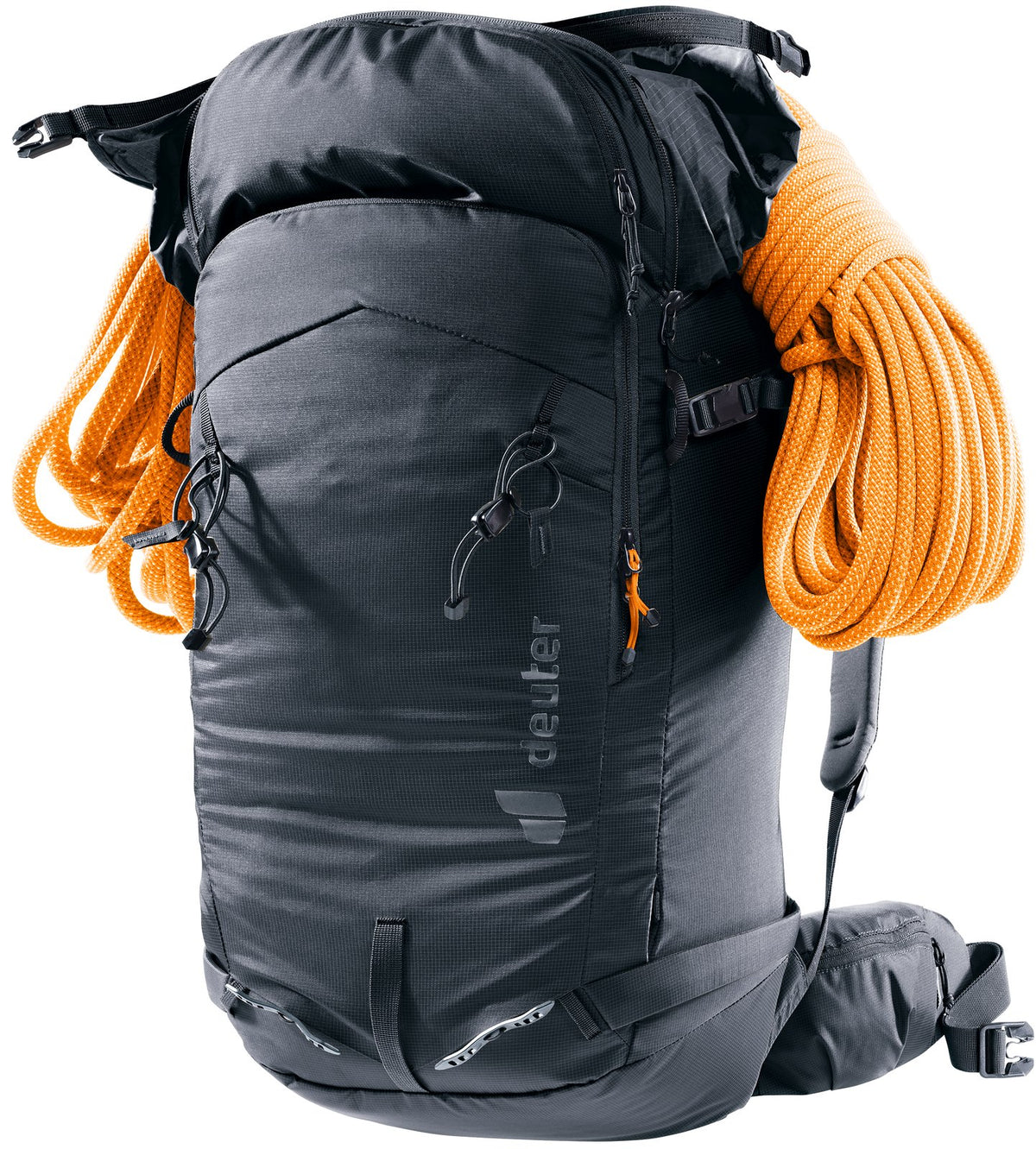Deuter Freerider Pro 32+10 with a climbing rope strapped over the top, front view