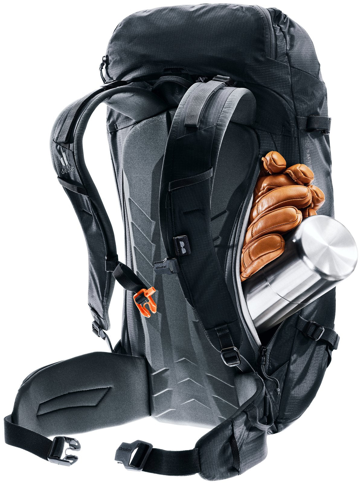 Deuter Freescape Lite 26 side access open with a thermos and gloves