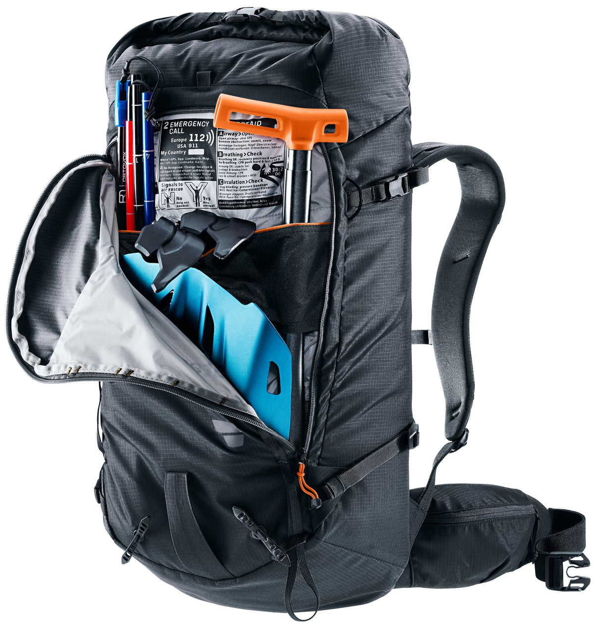 Deuter Freescape Lite 26 front avalanche pocket open with shovel blade, shovel handle, probe and printed emergency label