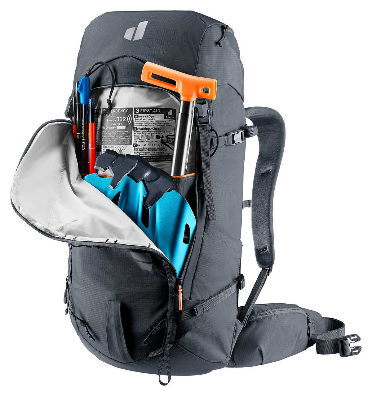Deuter Freescape Tour 32 avalanche pocket open with shovel, probe and saw