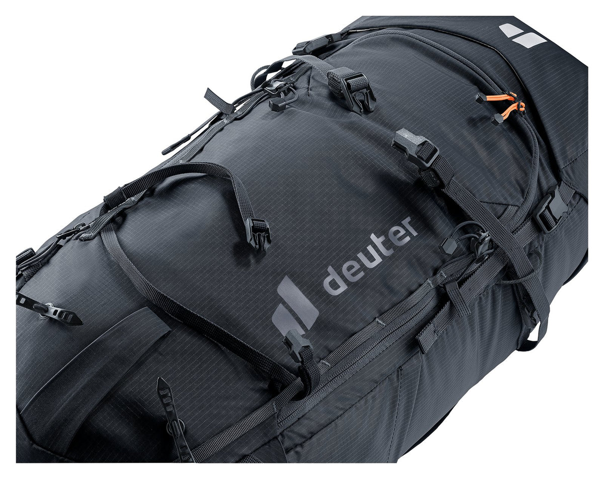 Close-up of the Deuter Freescape Tour 32 front fabric, straps and ice axe loops