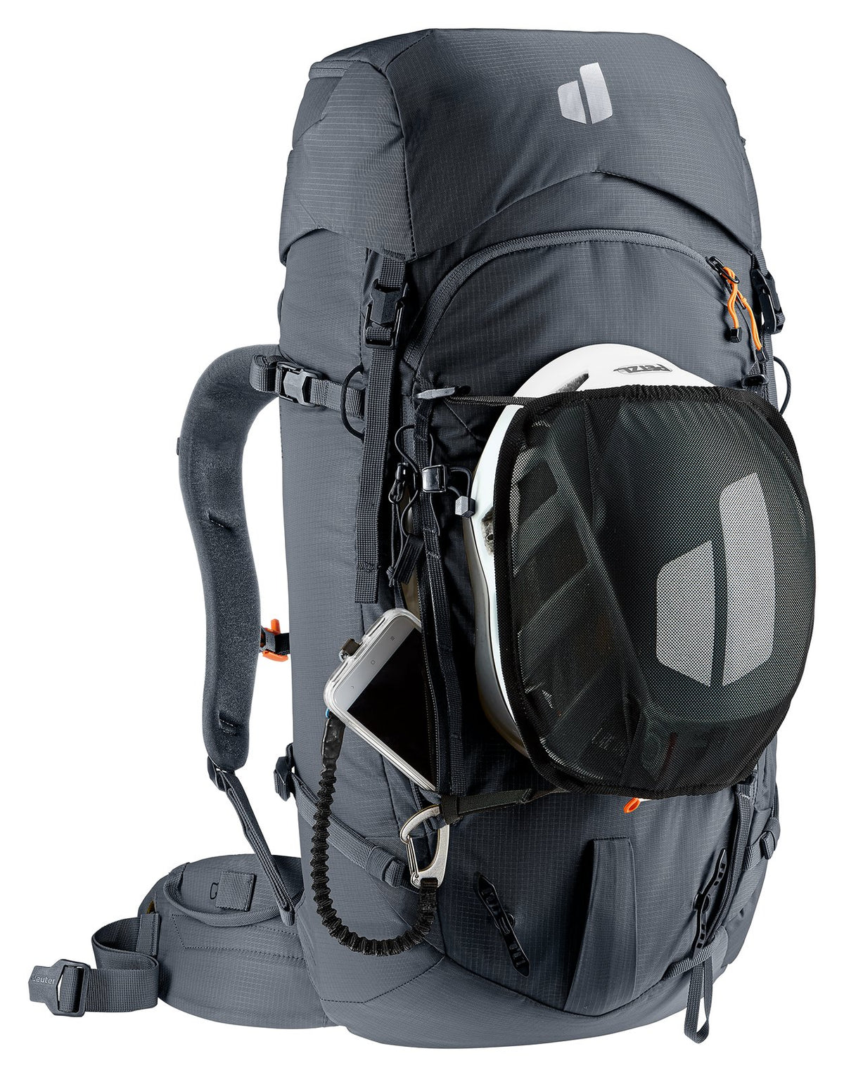 Deuter Freescape Tour 32 carrying a helmet in its stowable mesh helmet holder