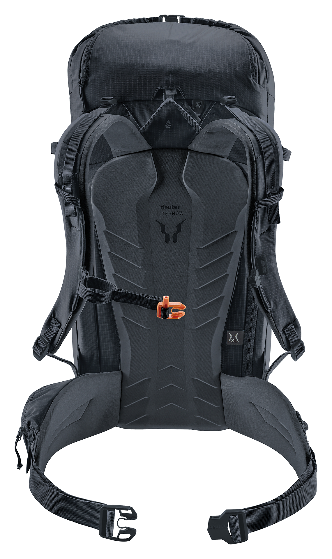 Back of the Deuter Freescape Tour 32 showing the LiteSnow back panel and hip fins