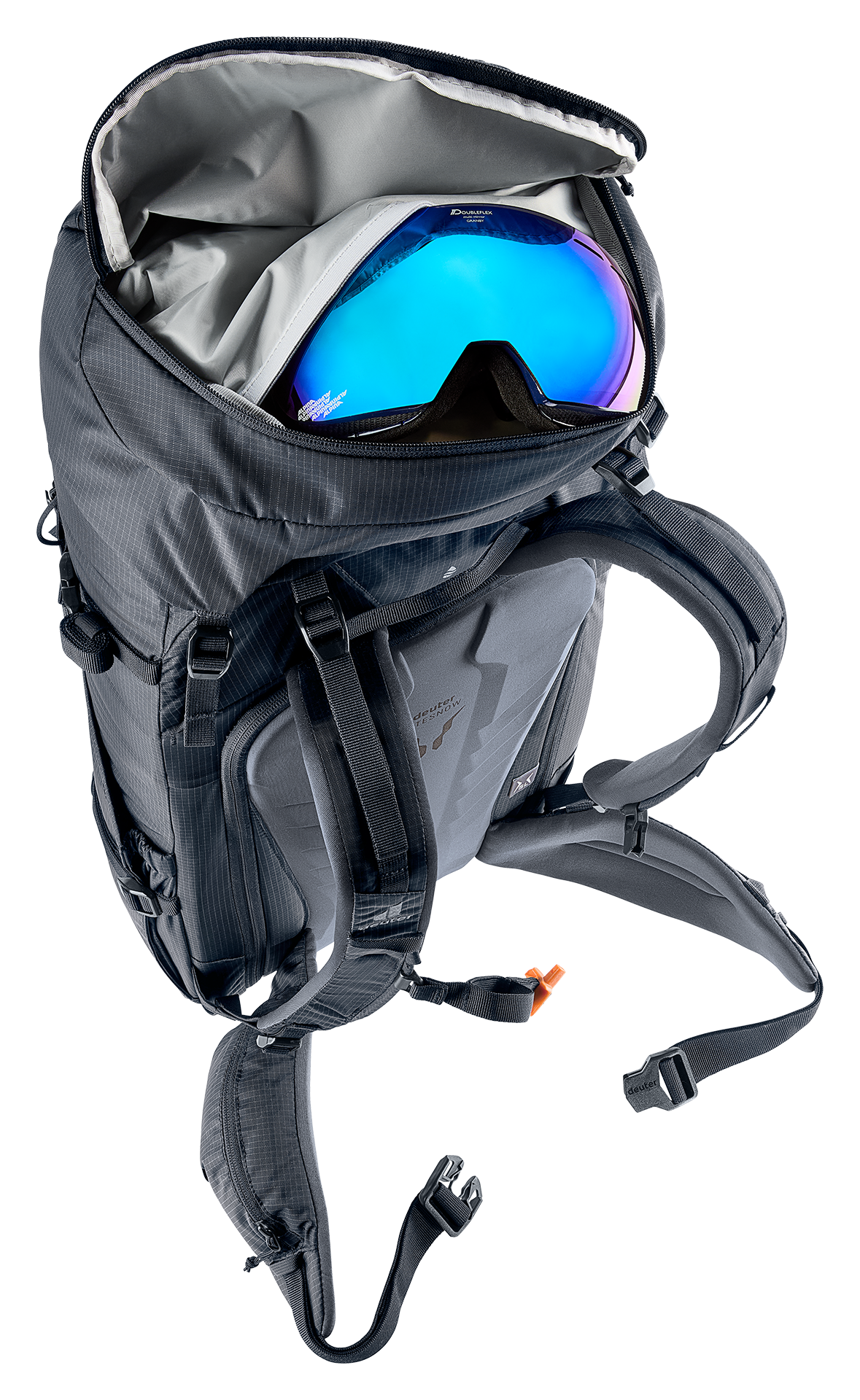 Deuter Freescape Tour 38 SL fleece-lined goggle pocket open with ski goggles inside