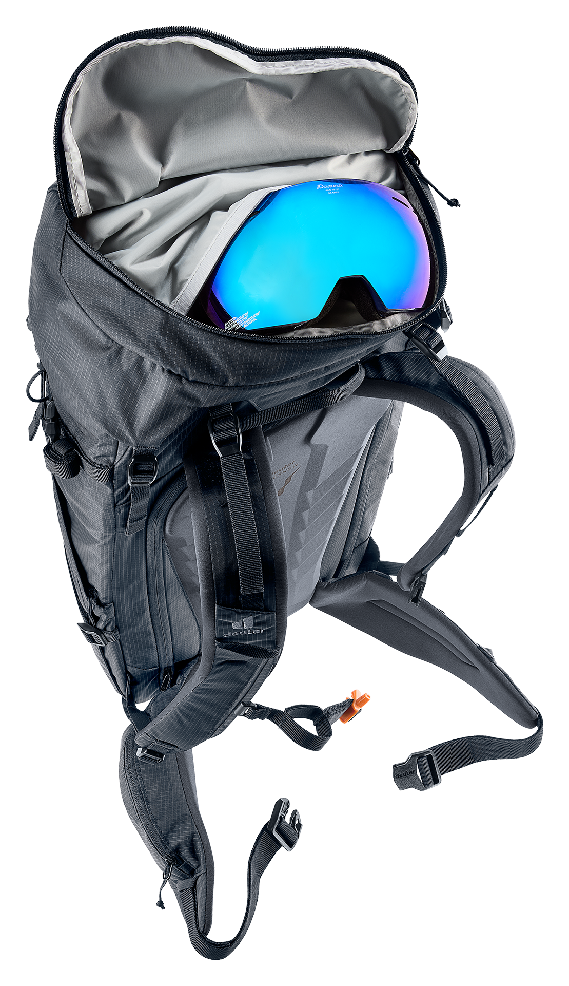 Deuter Freescape Tour 40 roll-top open with ski goggles in the fleece-lined pocket