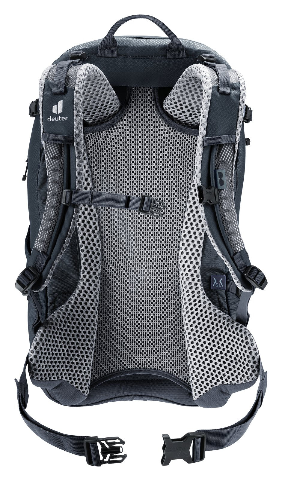 Back of the Deuter Futura 21 SL showing the Aircomfort mesh panel and hip fins