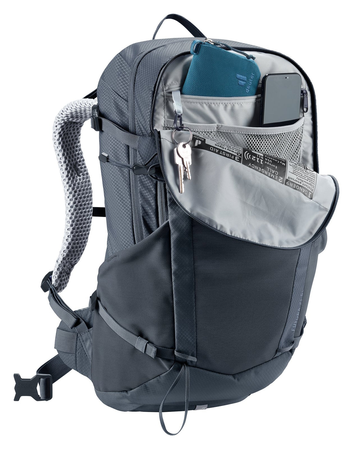 Deuter Futura 21 SL top opening unzipped, showing the main compartment and organiser