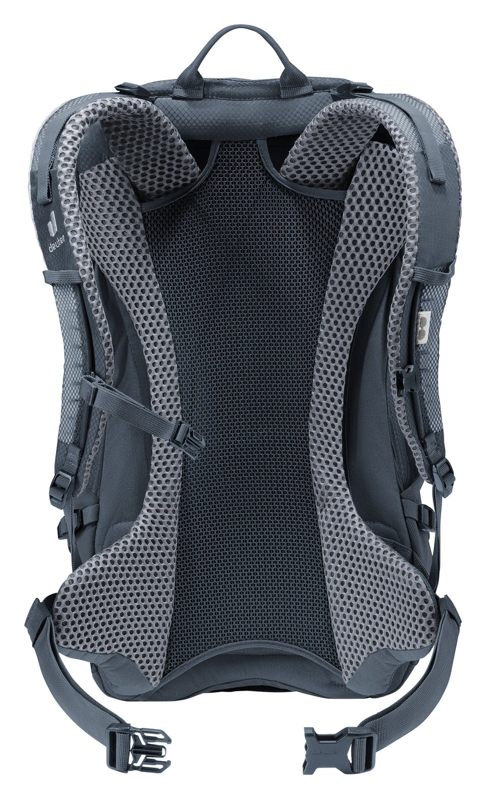 Back of the Deuter Futura 23 showing the Aircomfort mesh panel and hip fins