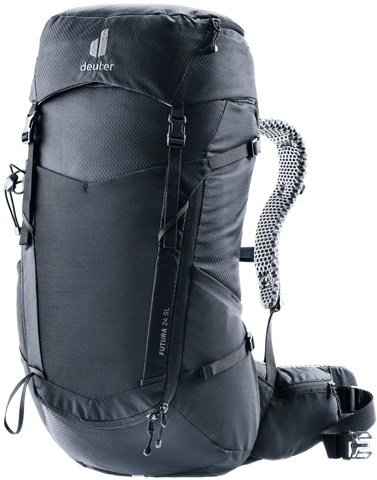Deuter Futura 24 SL women's hiking backpack in Black, front three-quarter view