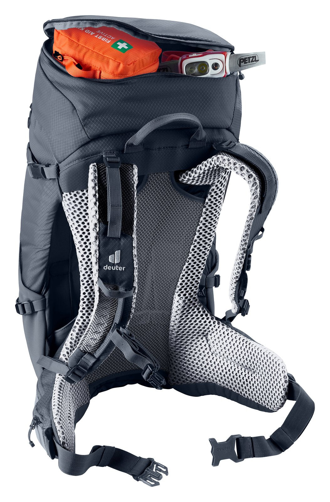 Deuter Futura 24 SL lid pocket open with a first aid kit and sunglasses